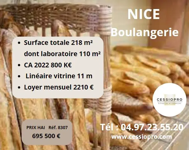 BOULANGERIE PATÎSSERIE SANDWICHERIE A NICE   CA 2022 = 800 000€